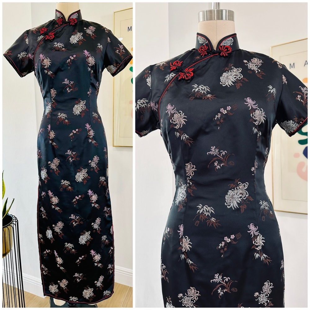 Vintage Black Floral Cheongsam Maxi Dress
